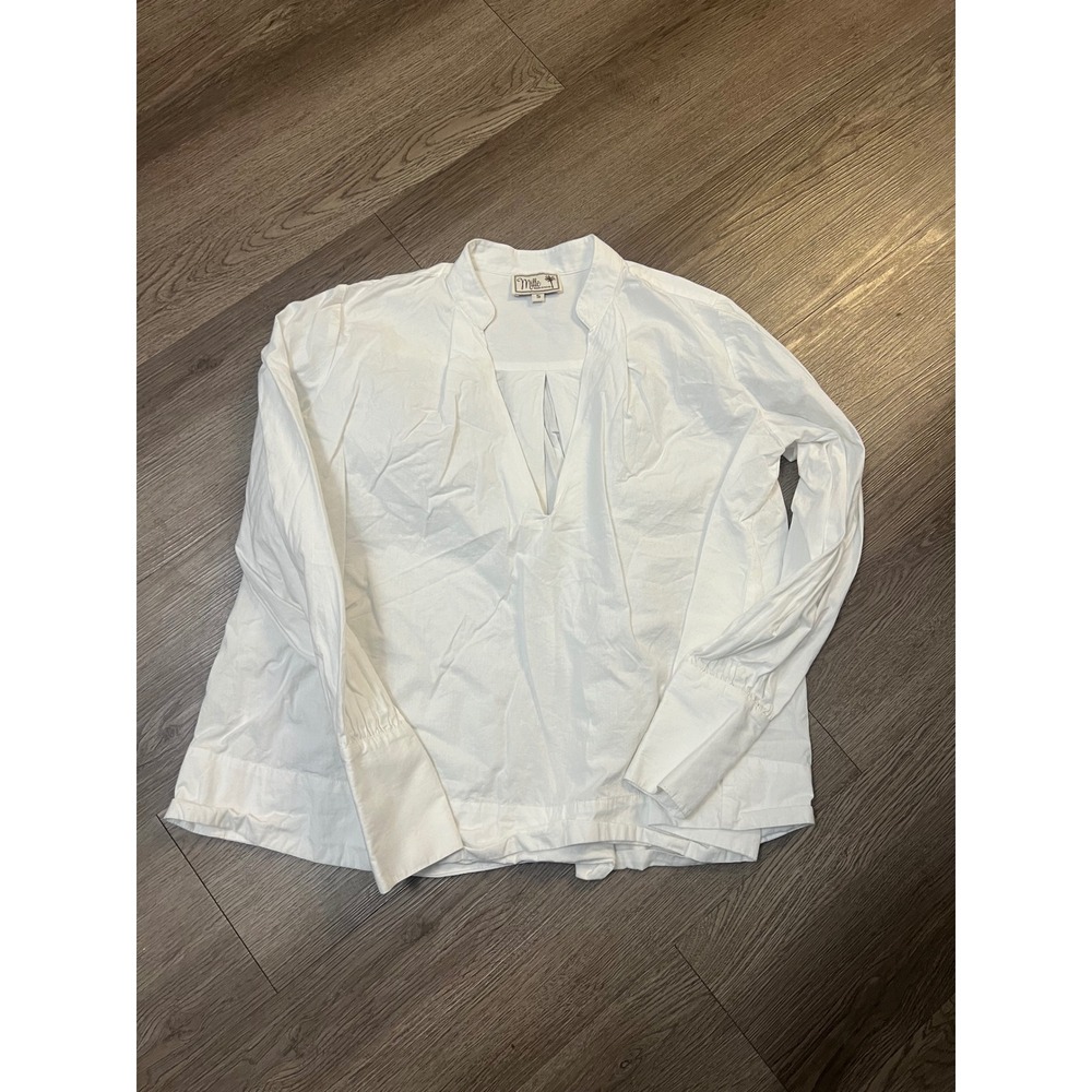 Mille Resort & Travel White Cotton Deep V-Neck Blouse Wide Button Cuff Small